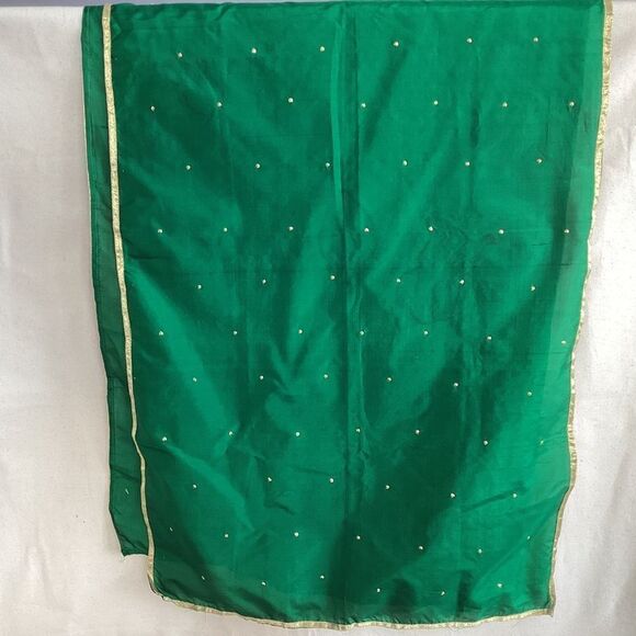 Emerald green long scarf, gold trim and sequins. SC0157 - Picture 2 of 6
